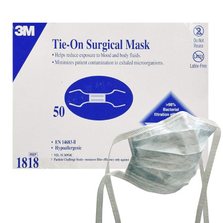 Mask Face Surgical Fluid Resistant Flat Tie On 3M™ Pleated Tie Closure One Size Fits Most White NonSterile Not Rated Adult (50/BX 12BX/CS) by Solventum Corporation  ID 1818